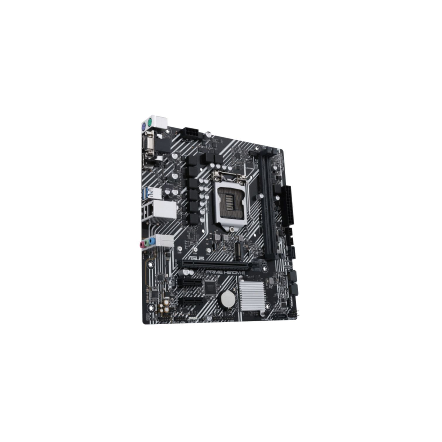Ein schwarzes Motherboard mit mehreren Komponenten auf weißem Hintergrund. Das ASUS-Logo ist sichtbar.