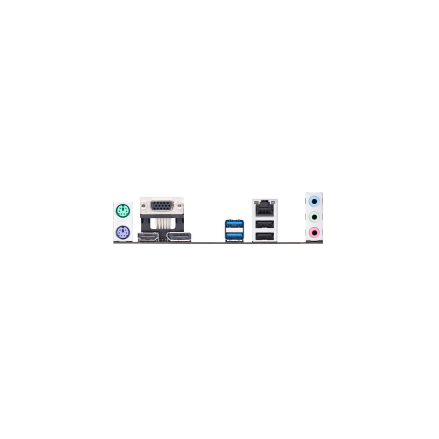 Ein Motherboard mit verschiedenen Anschlüssen: VGA, HDMI, USB und Audiobuchsen, auf weißem Hintergrund.