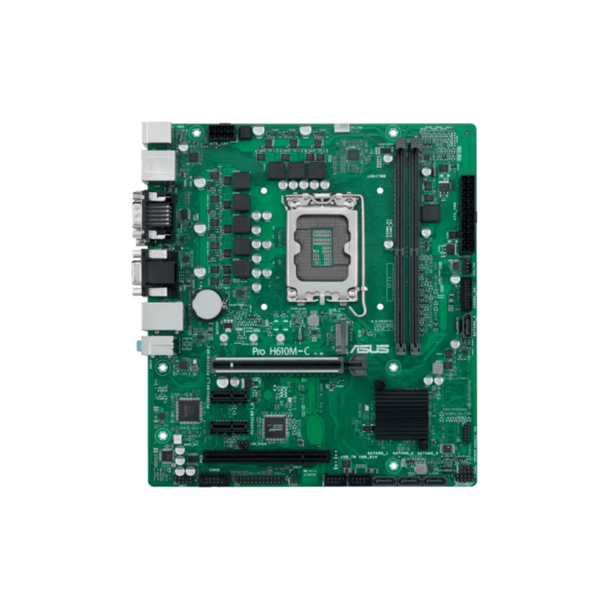 Grünes Computer-Motherboard mit verschiedenen Komponenten, einschließlich CPU-Sockel und Anschlüssen.