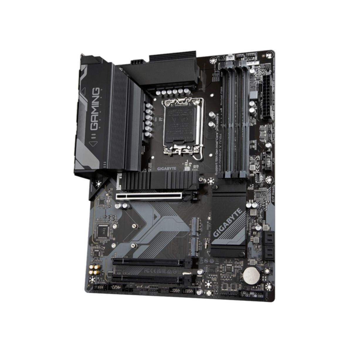 Czarna i szara płyta główna komputera z wieloma portami. Białe tło.