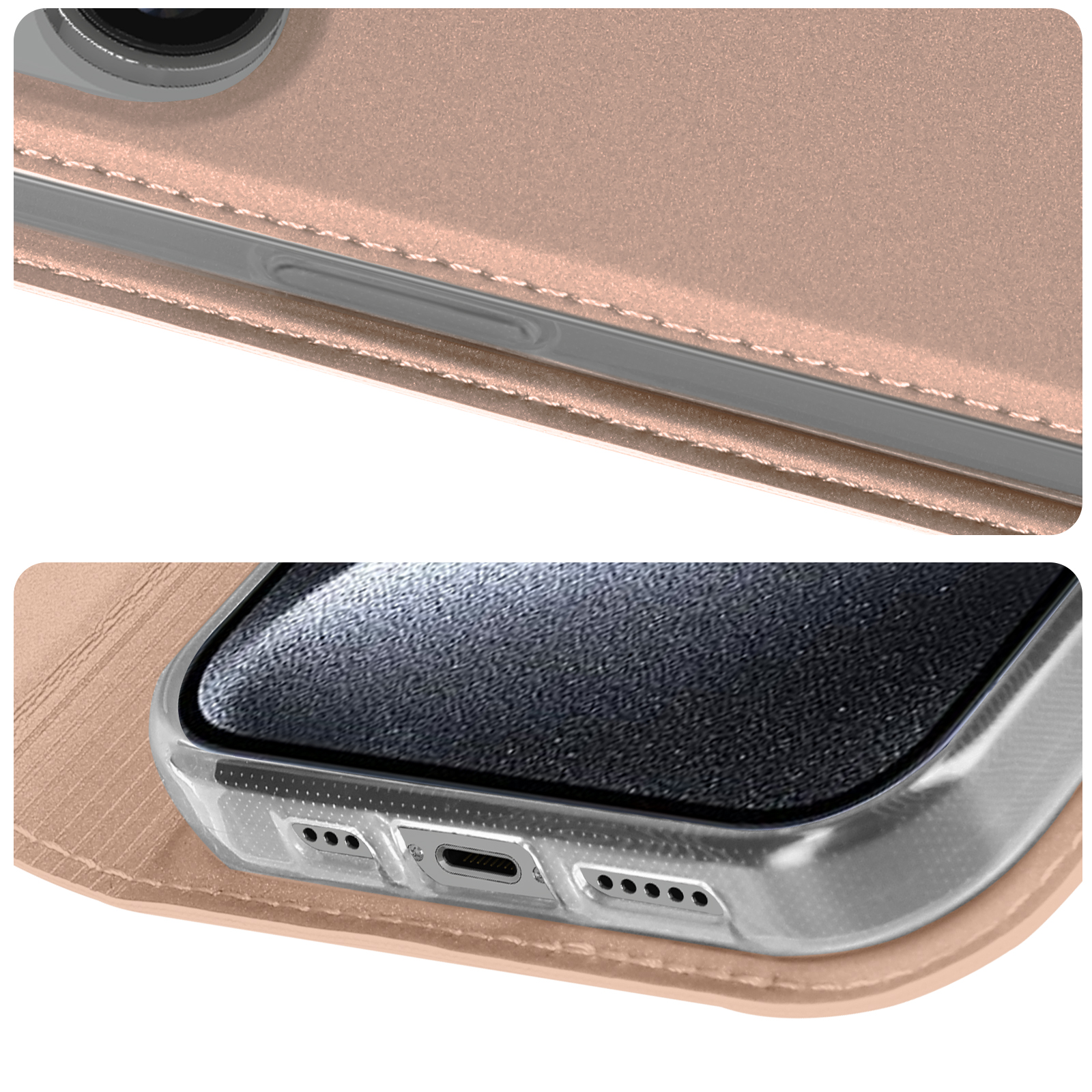 Primo piano della custodia del telefono, color oro rosa. Mostra il bordo con i pulsanti e una vista dettagliata dell'altoparlante.