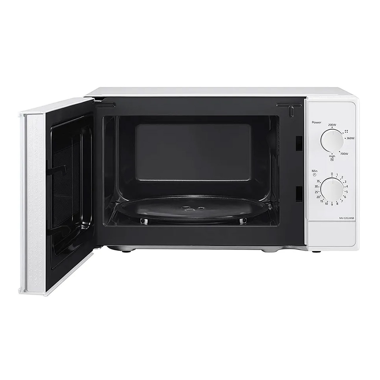 Microondas blanco con puerta abierta, mostrando interior y panel de control derecho.