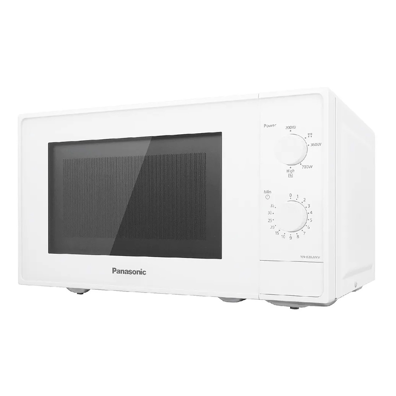 Horno microondas blanco Panasonic con puerta negra y panel de control a la derecha.