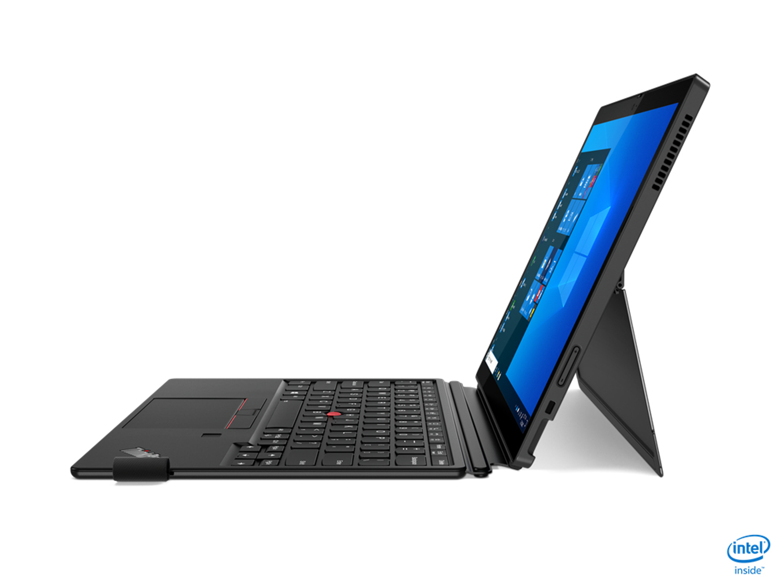 Schwarzer Lenovo Laptop mit Tastaturaufsatz, auf weißem Hintergrund angewinkelt geöffnet, zeigt Windows Oberfläche.