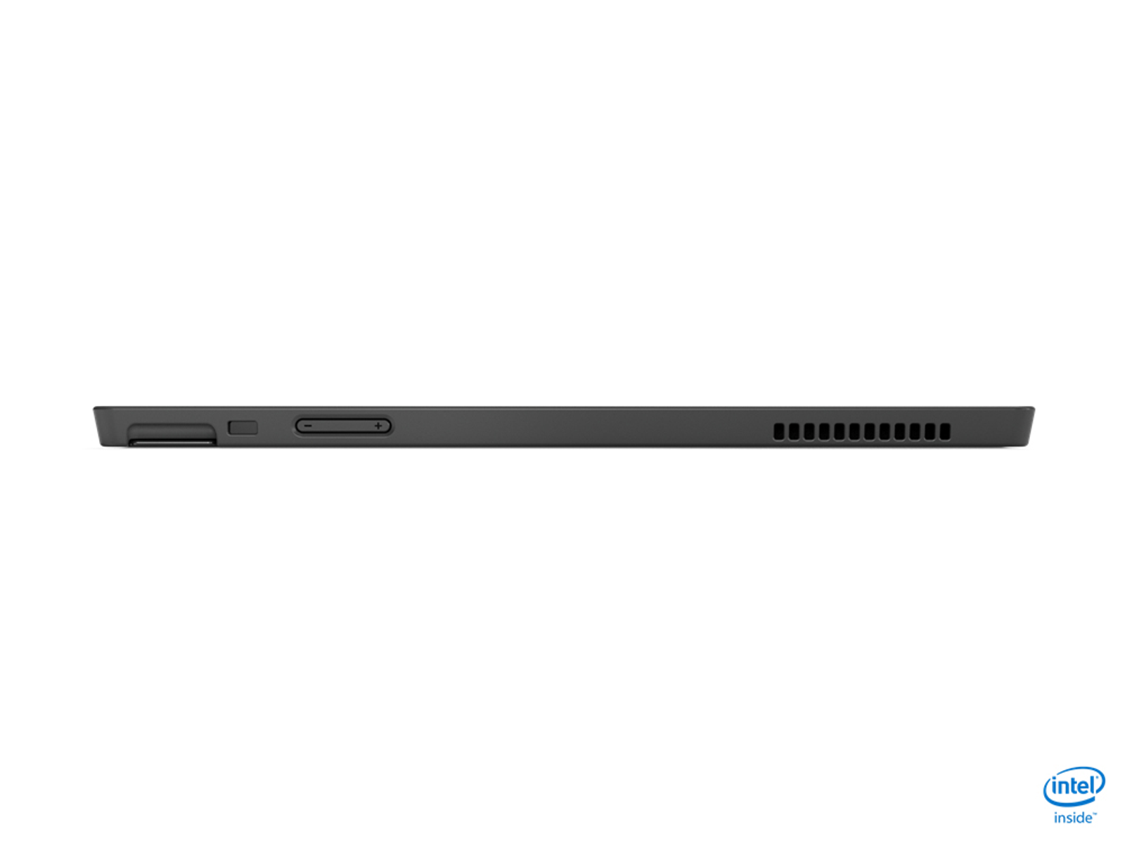 Schwarze Laptop-Seitenansicht mit Anschlüssen und Lüftungsschlitzen. Intel inside Logo sichtbar.