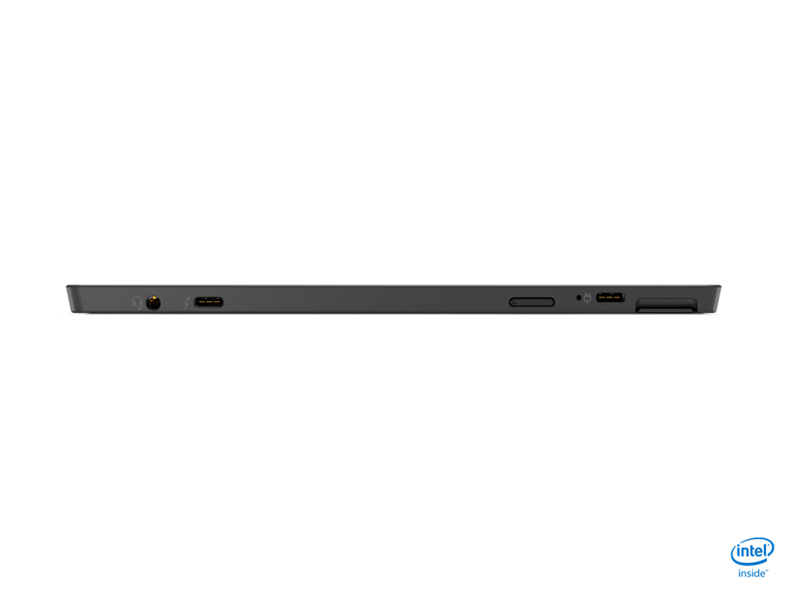 Schwarzer Laptop von der Seite. Zeigt Anschlüsse für Audio, USB, SD-Karte und Strom.