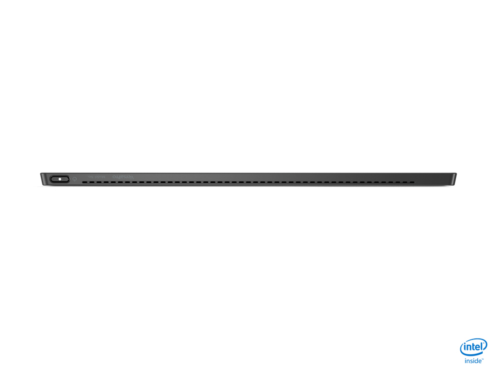 Schwarze Laptop-Seitenansicht, mit einigen Anschlüssen und dem Intel Inside Logo.
