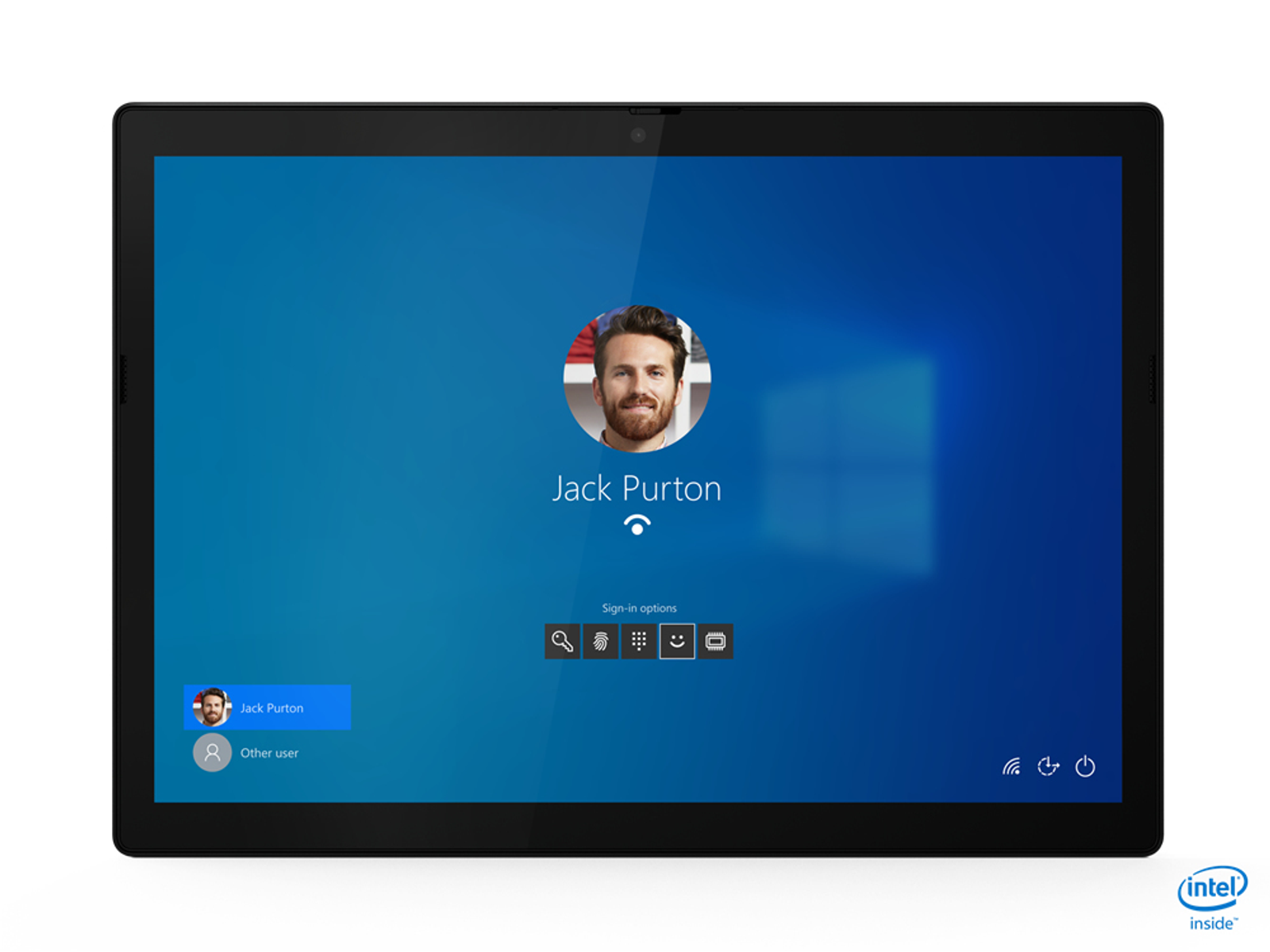 Tablet-Bildschirm, der den Windows-Anmeldebildschirm mit dem Bild eines Mannes und Anmeldeoptionen zeigt.