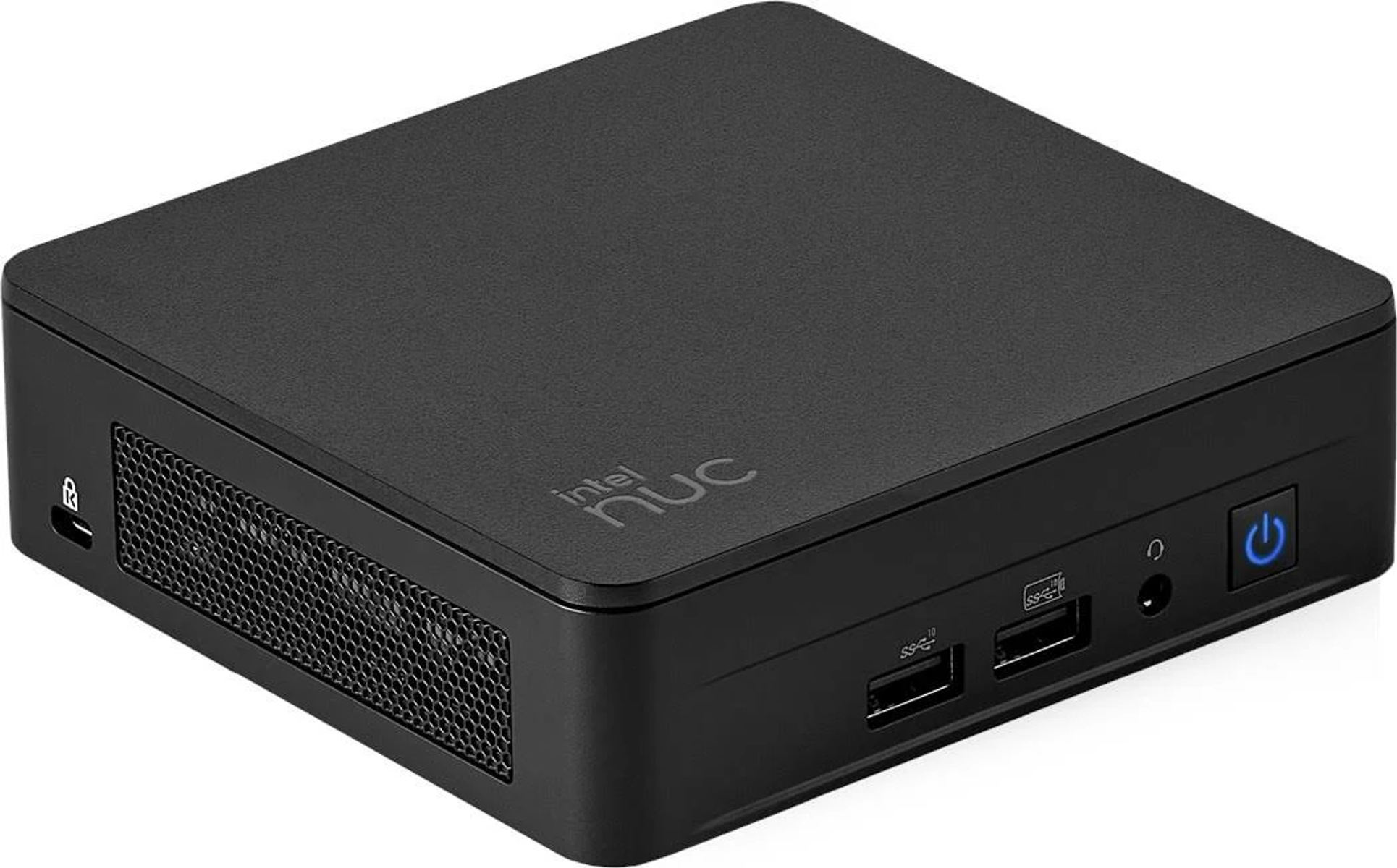 Black Intel NUC mini PC with front panel ports and power button. The background is white.