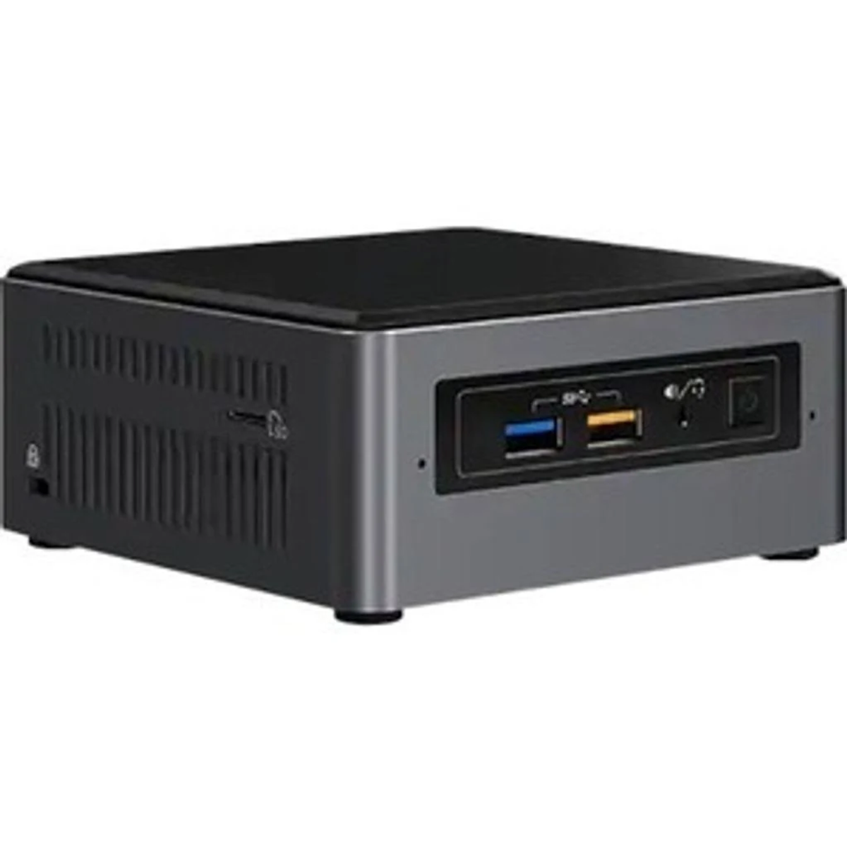 A small, grey computer. It has USB ports, a power button, and other ports on the front and sides.