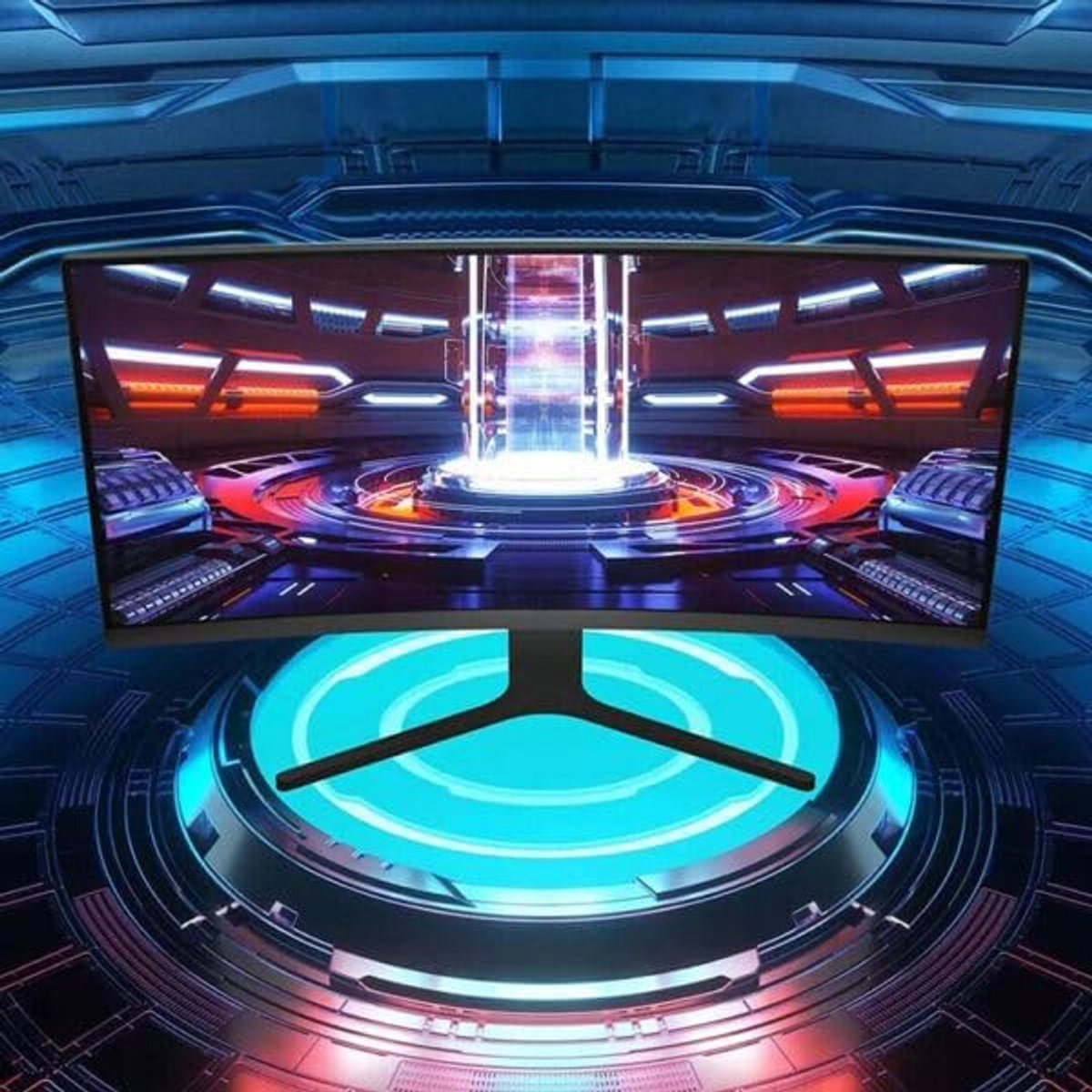 Un moniteur incurvé avec un arrière-plan futuriste et un support noir.