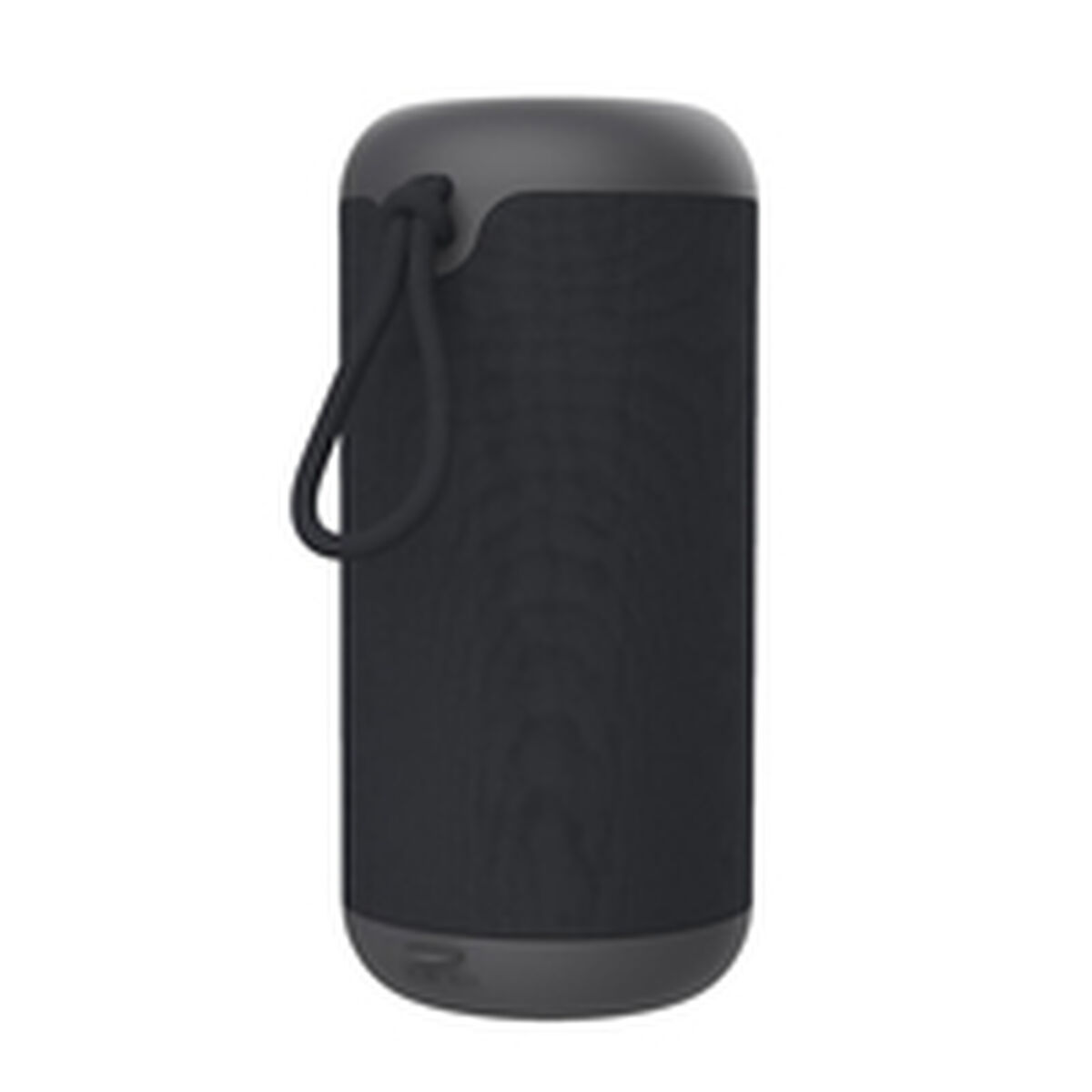 Haut-parleur cylindrique noir avec poignée, avec un revêtement en maille et des extrémités arrondies.
