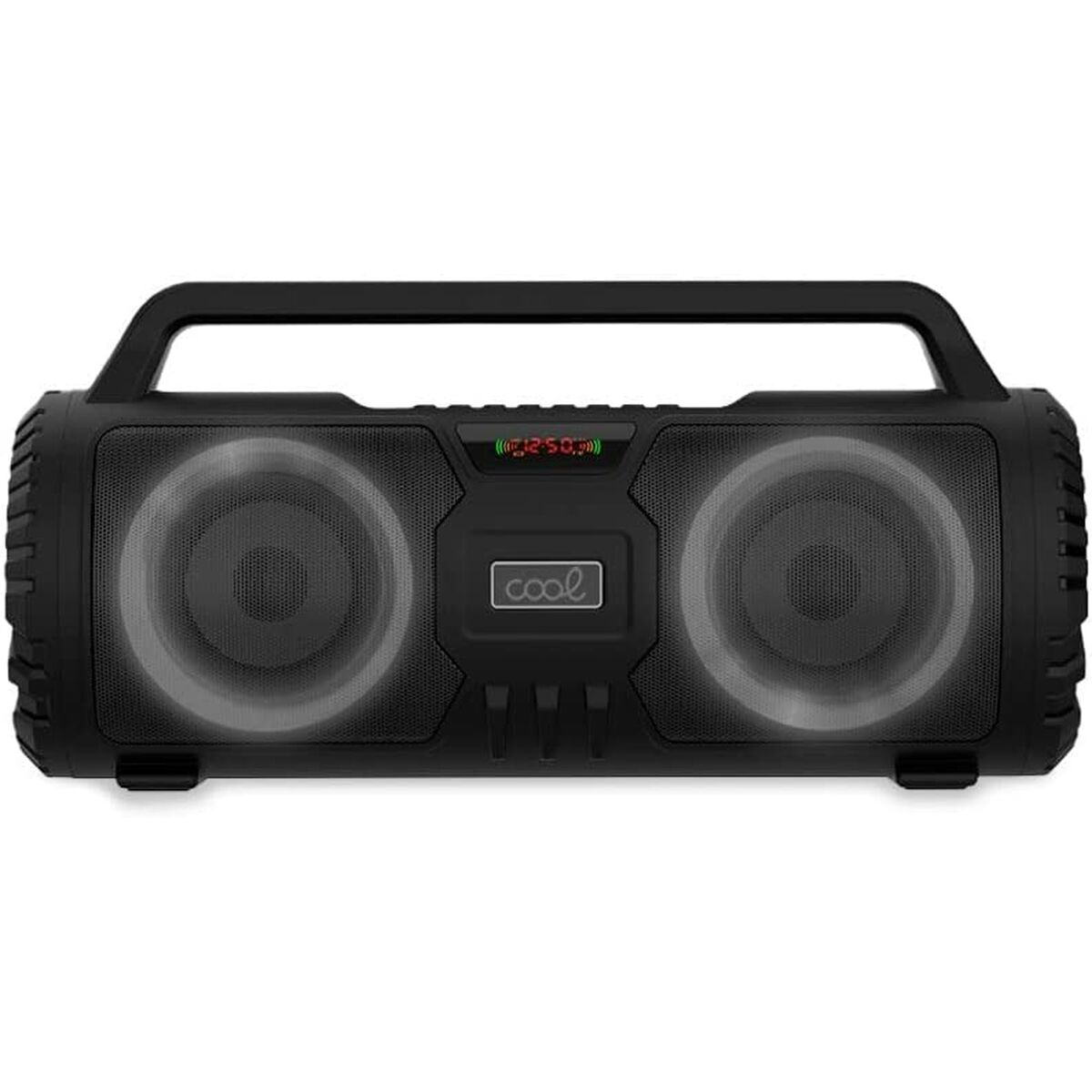 Czarny głośnik przenośny z dwoma podświetlanymi kratkami głośnikowymi, na białym tle.