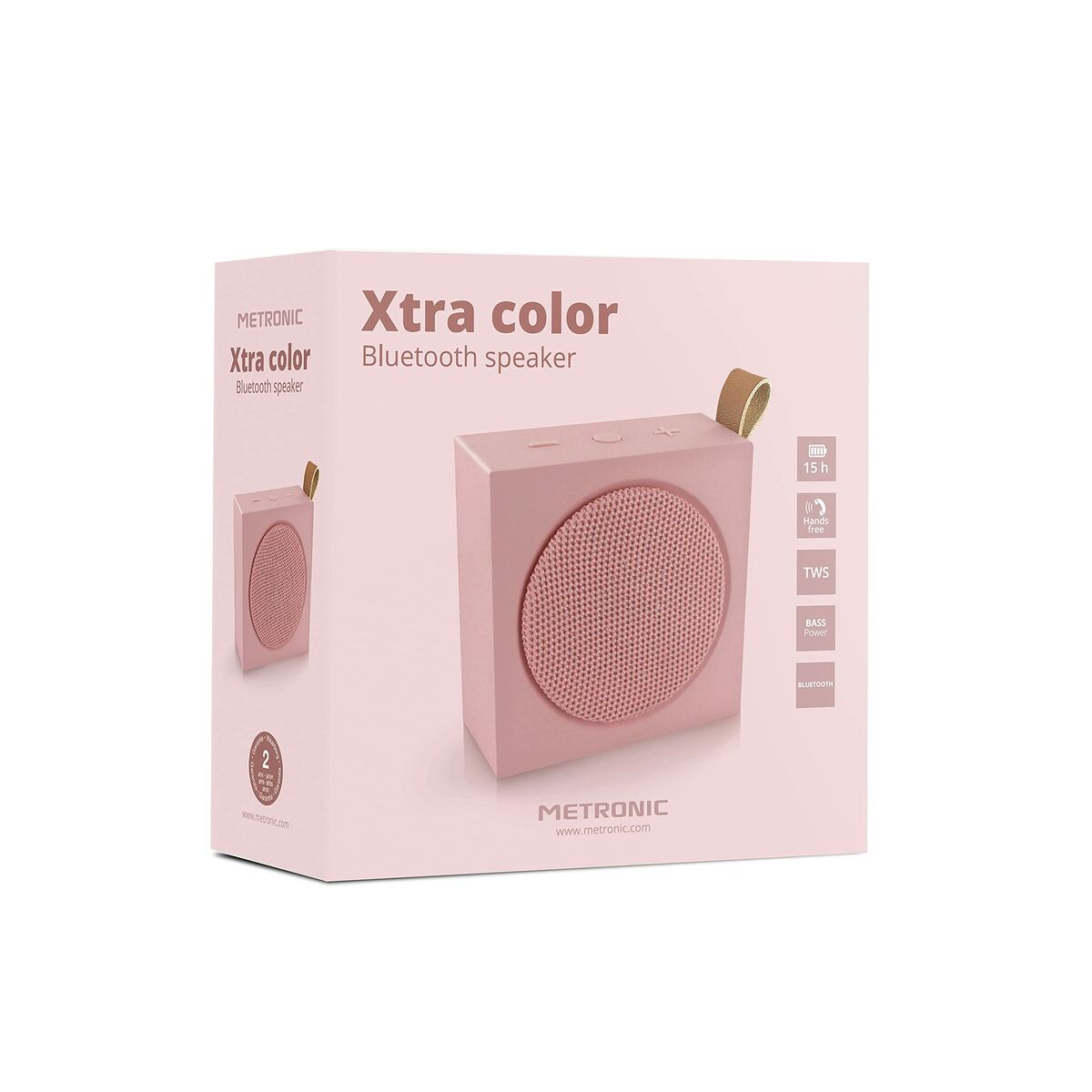 Altoparlante Bluetooth Metronic rosa in una scatola. La scatola contiene informazioni sul prodotto e una piccola immagine dell'altoparlante.