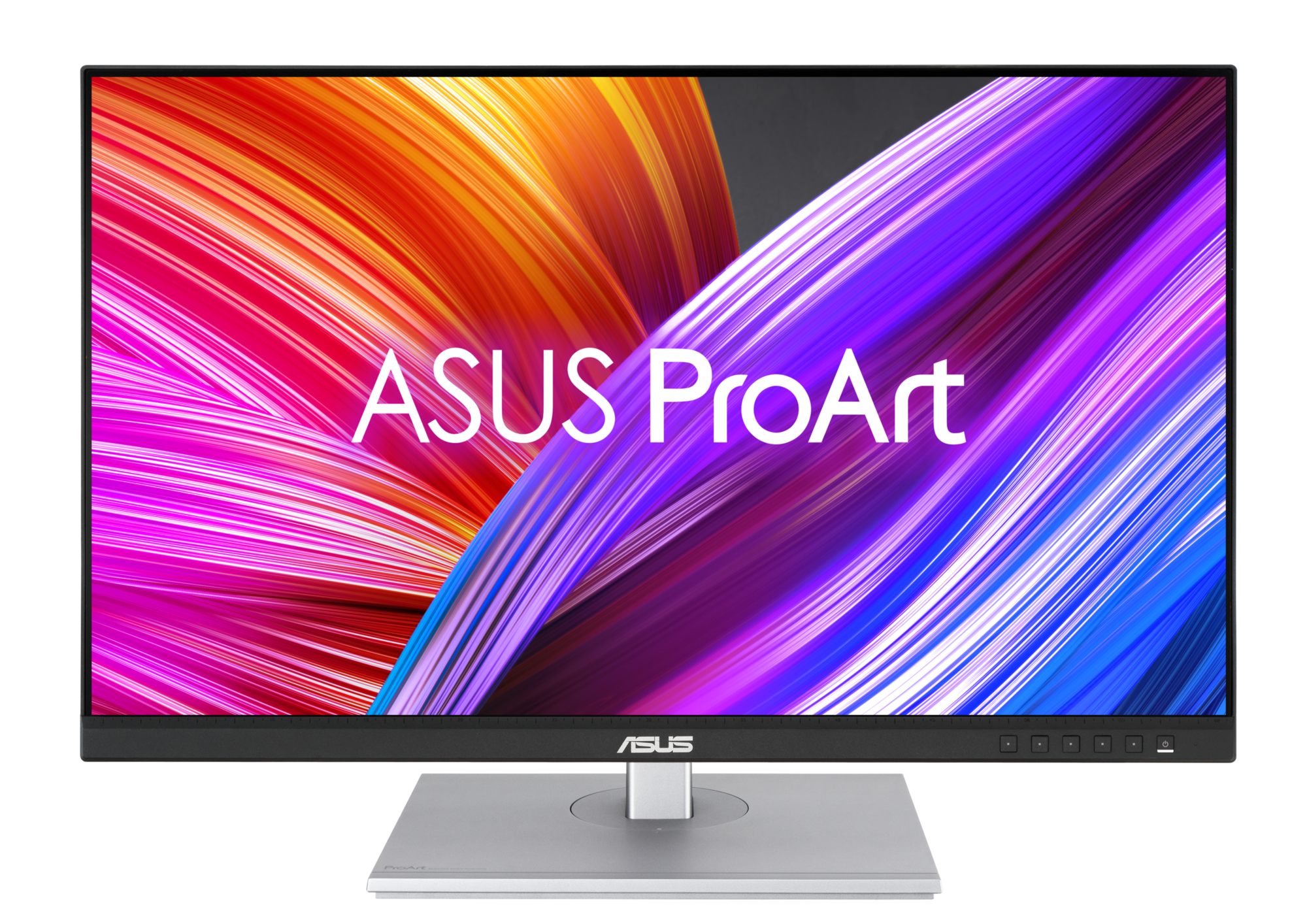 Monitor ASUS ProArt z kolorowym abstrakcyjnym tłem i srebrną podstawą. Czarna ramka.