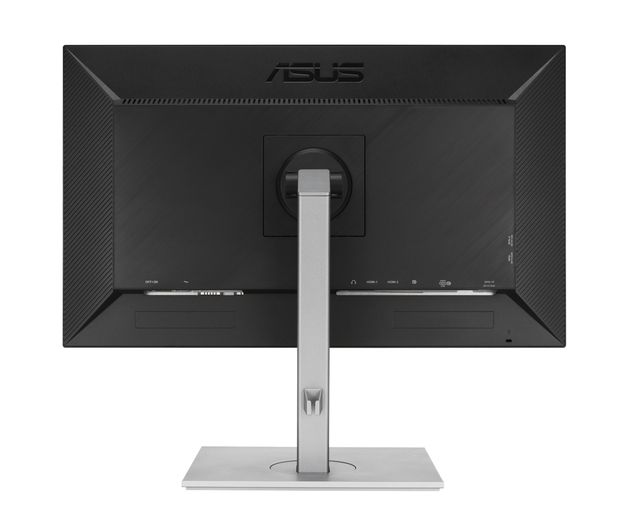 Tył czarnego monitora ze stojakiem. Posiada stojak, porty i logo ASUS. Czarne tło.