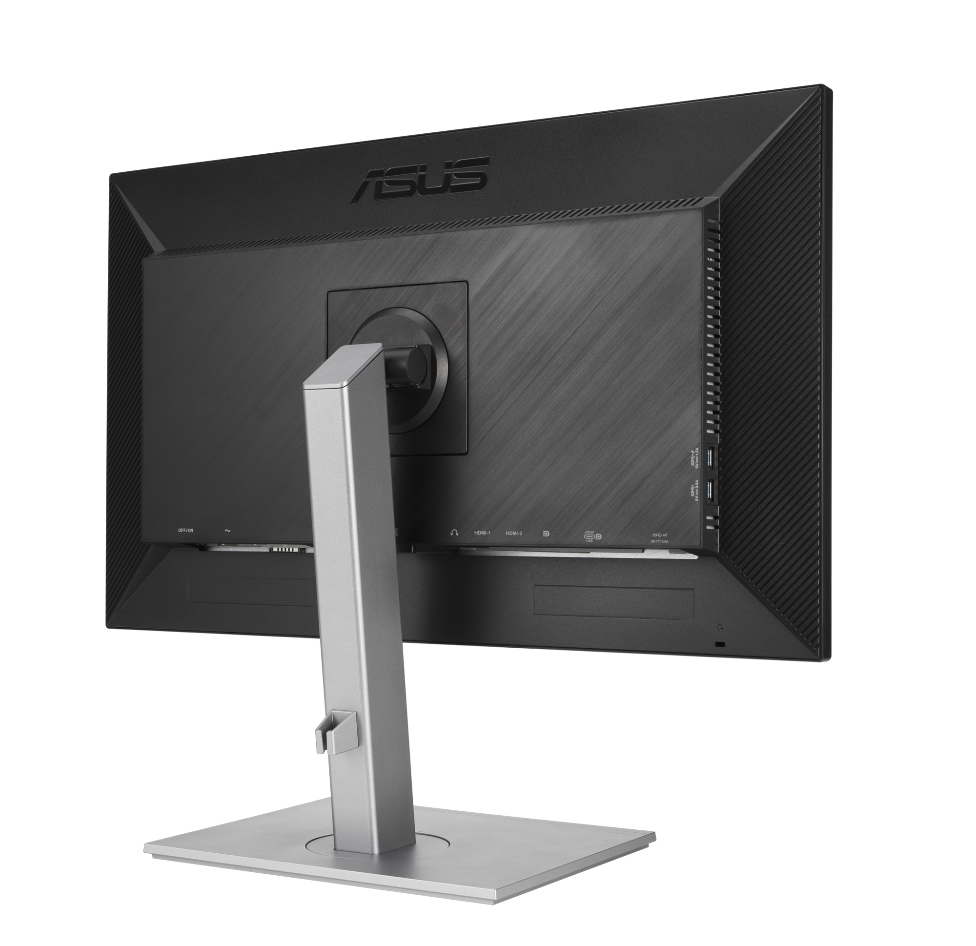 Widok z tyłu czarnego monitora z logo ASUS i srebrną podstawą.