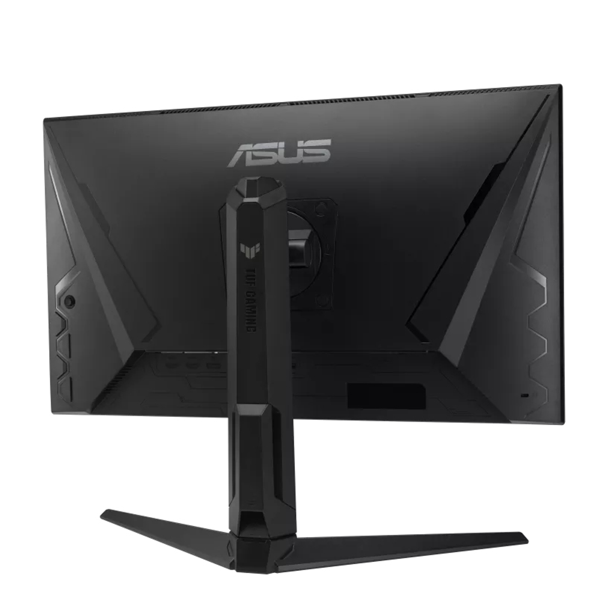 Widok z tyłu czarnego monitora do gier ASUS ze stojakiem. Posiada logo ASUS i TUF Gaming.