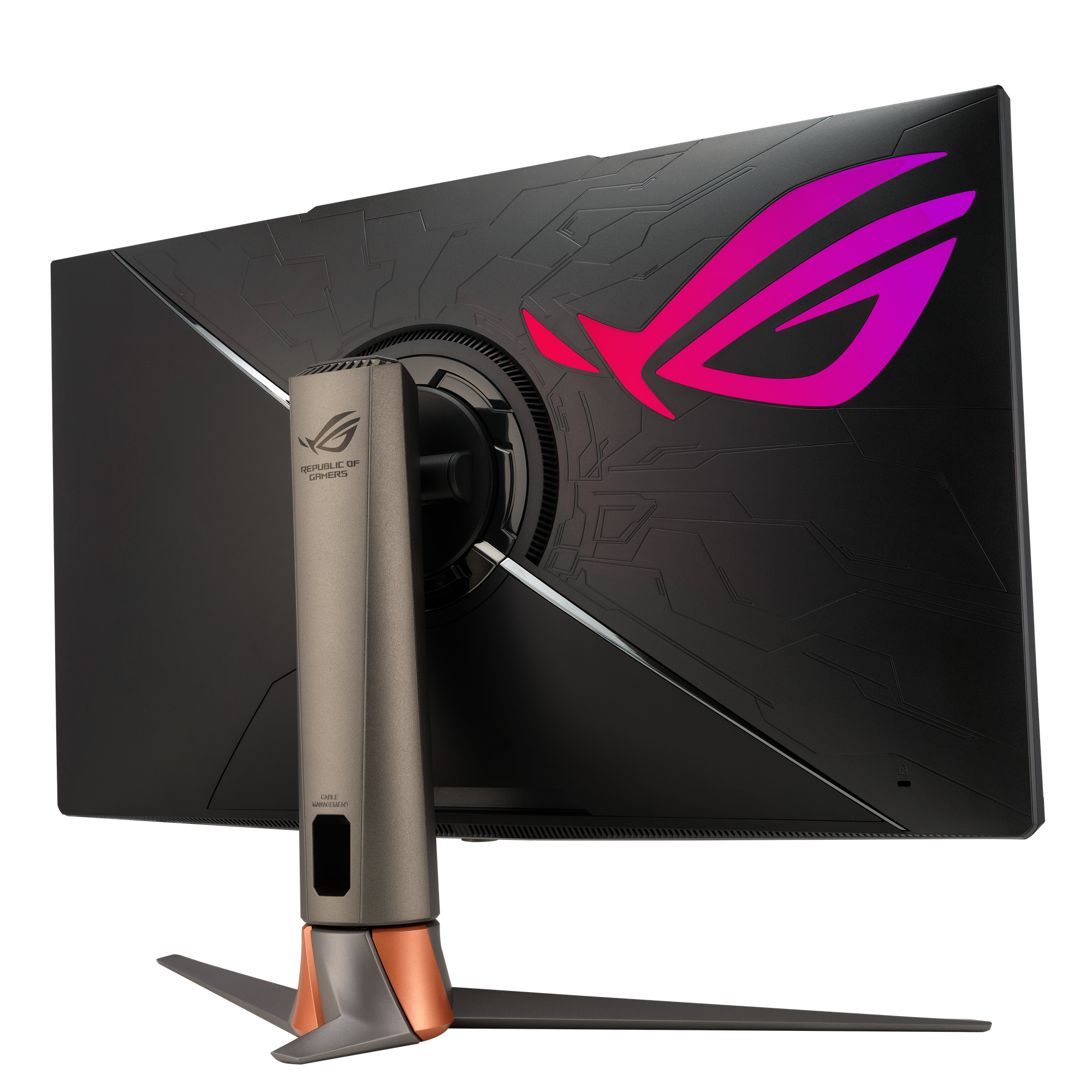 Tył monitora z ciemnym wzorem. Monitor ma podstawę i stoi na czarnej powierzchni.