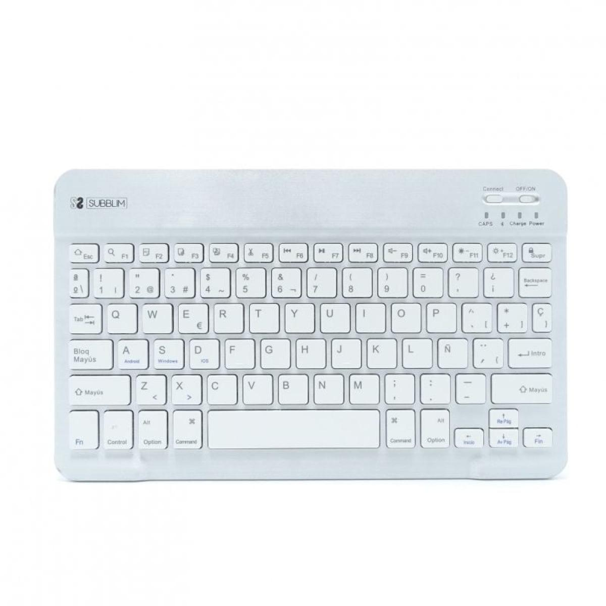 Eine silberne, rechteckige, kabellose Tastatur mit weißen Tasten. Sie hat einige Kontrollleuchten und das Logo 'S2 SUBLIM'.