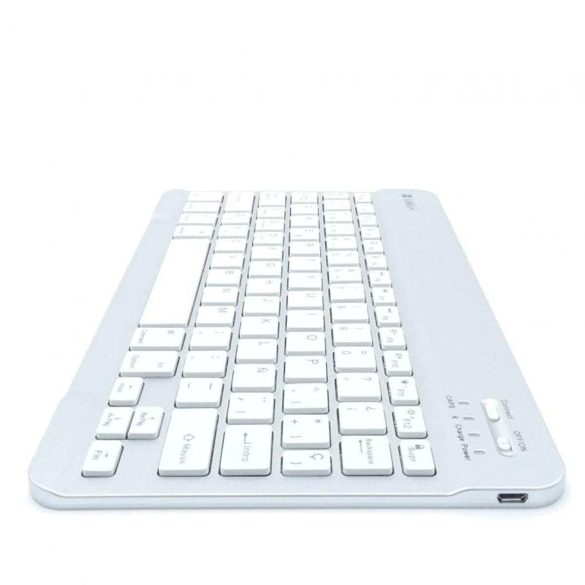 Silberne Tastatur mit weißen Tasten, mit Funktionstasten und Ein-/Aus-Tasten. Kompaktes Design.