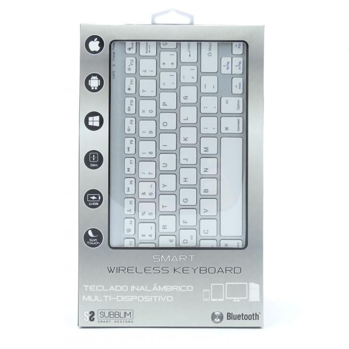 Weiße kabellose Tastatur in einer silbernen Box. Sie hat ein Standard-Layout.