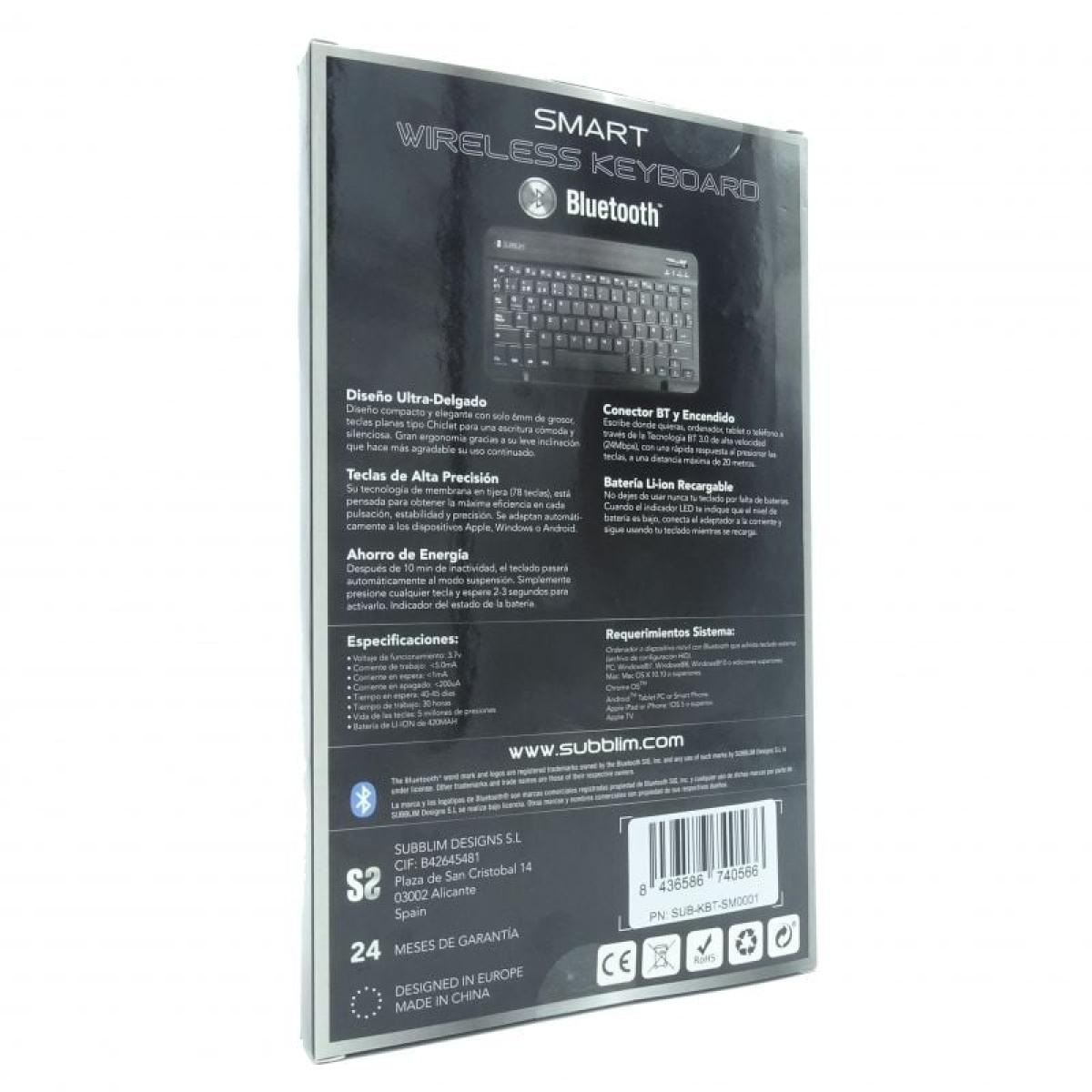 Verpackte kabellose Tastatur. Zeigt das Tastaturbild und die Spezifikationen. Text in mehreren Sprachen.