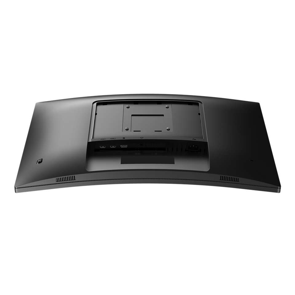 Czarny tylny panel monitora komputera z portami. Zakrzywiona konstrukcja, z otworami na kable i montaż.