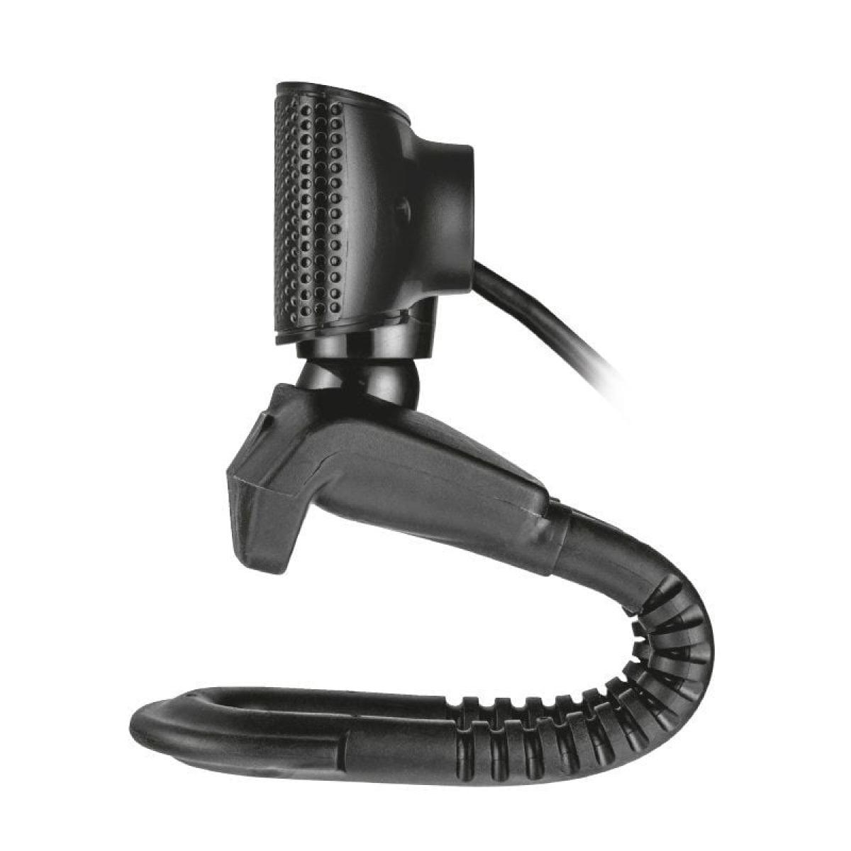 Schwarze Webcam mit flexiblem Hals und Sockel, auf weißem Hintergrund, isoliert.