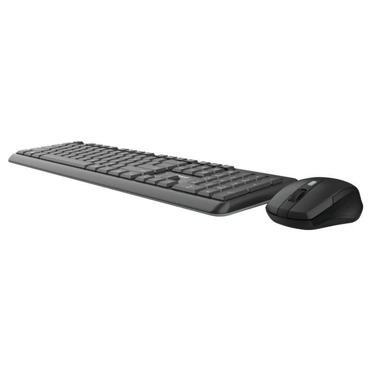Set tastiera e mouse wireless neri. La tastiera ha molti tasti. Il mouse ha una rotella di scorrimento.