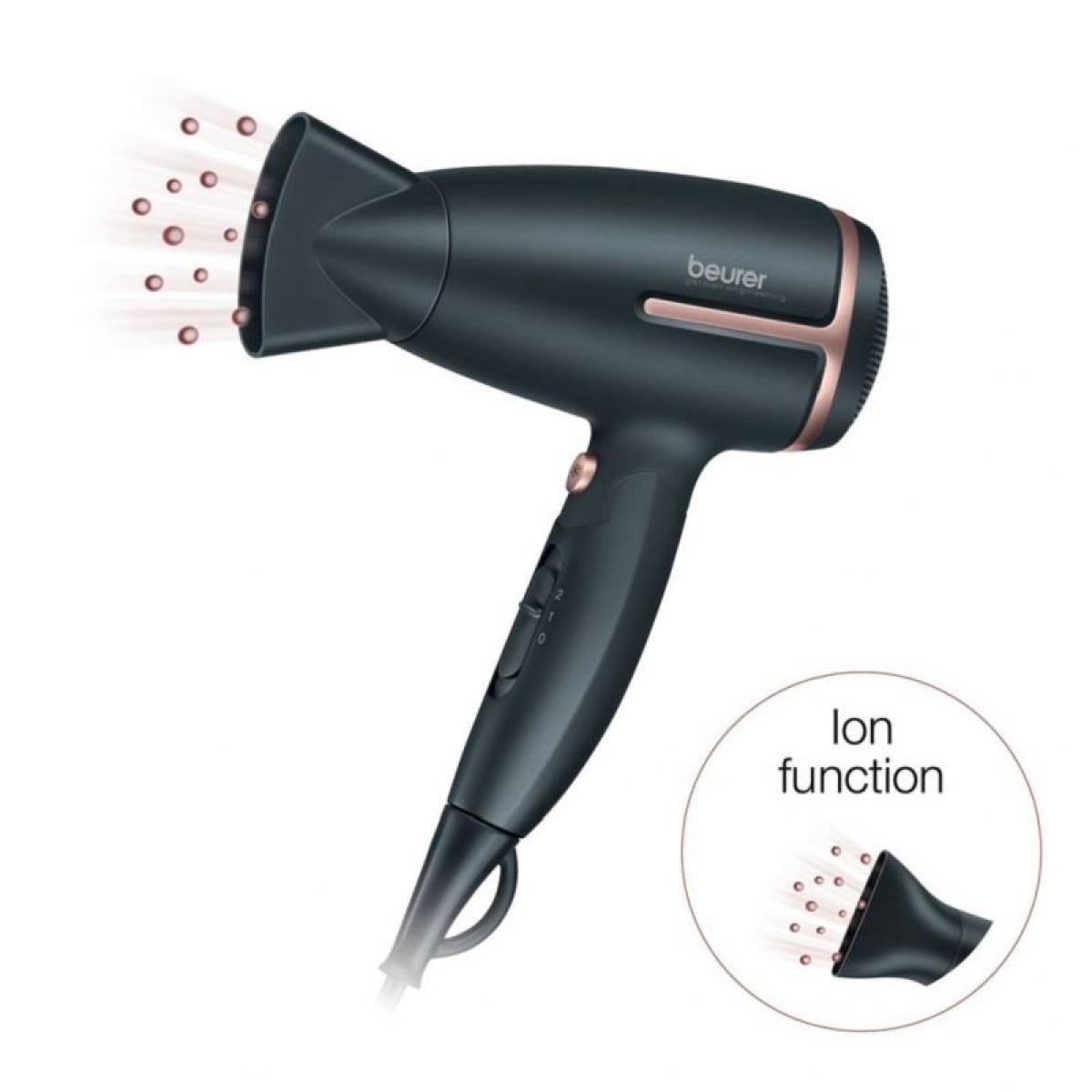 Ein schwarzer Haartrockner mit rosa Akzenten und einem Ionenfunktionssymbol.