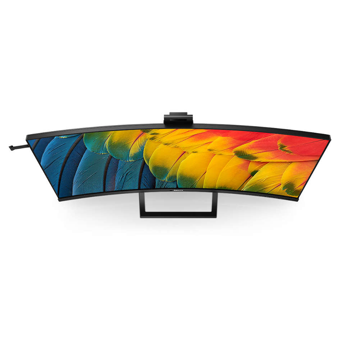 Zakrzywiony monitor z kolorowym wyświetlaczem, na białym tle, widok z góry.