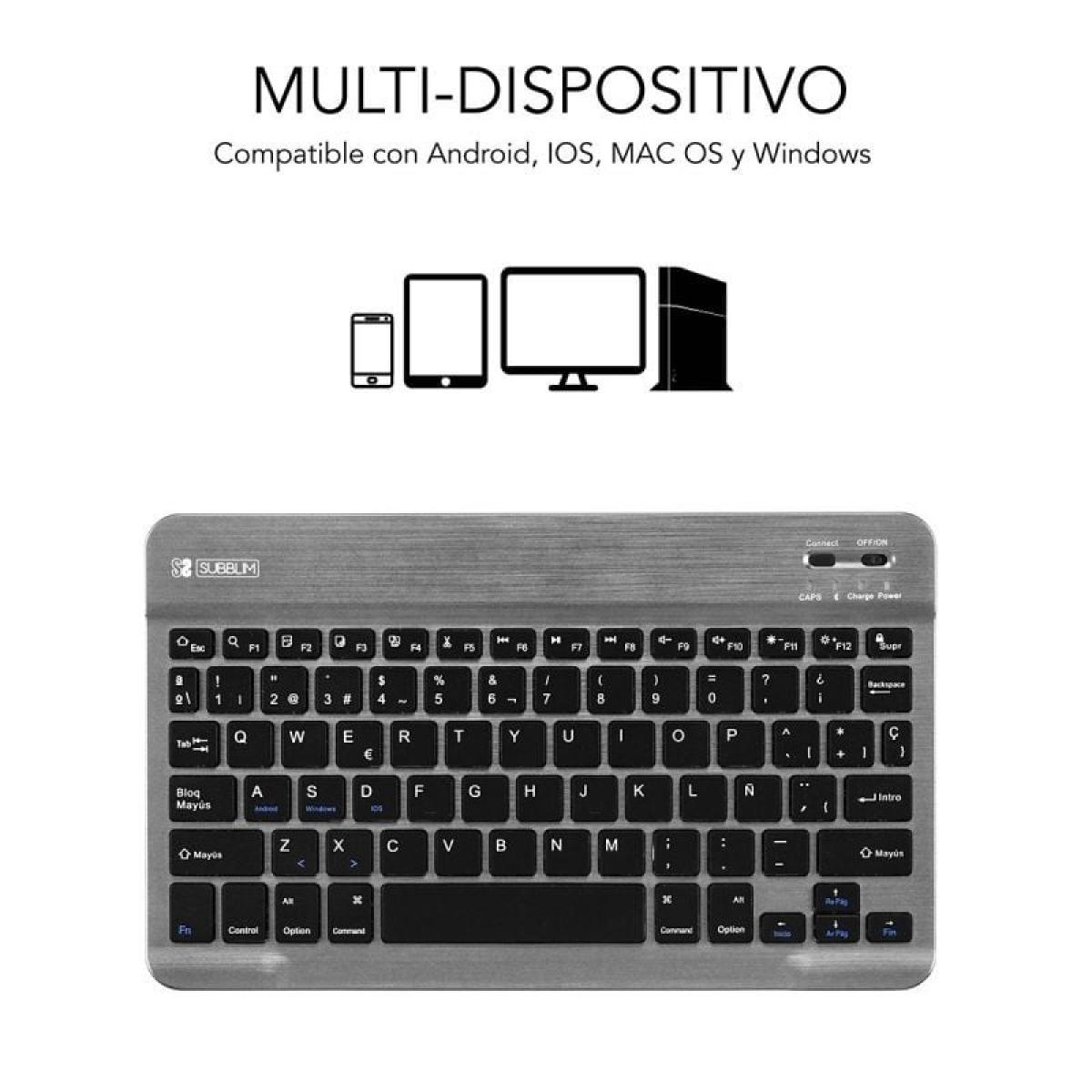 Un teclado con marco plateado e iconos de diferentes dispositivos encima.