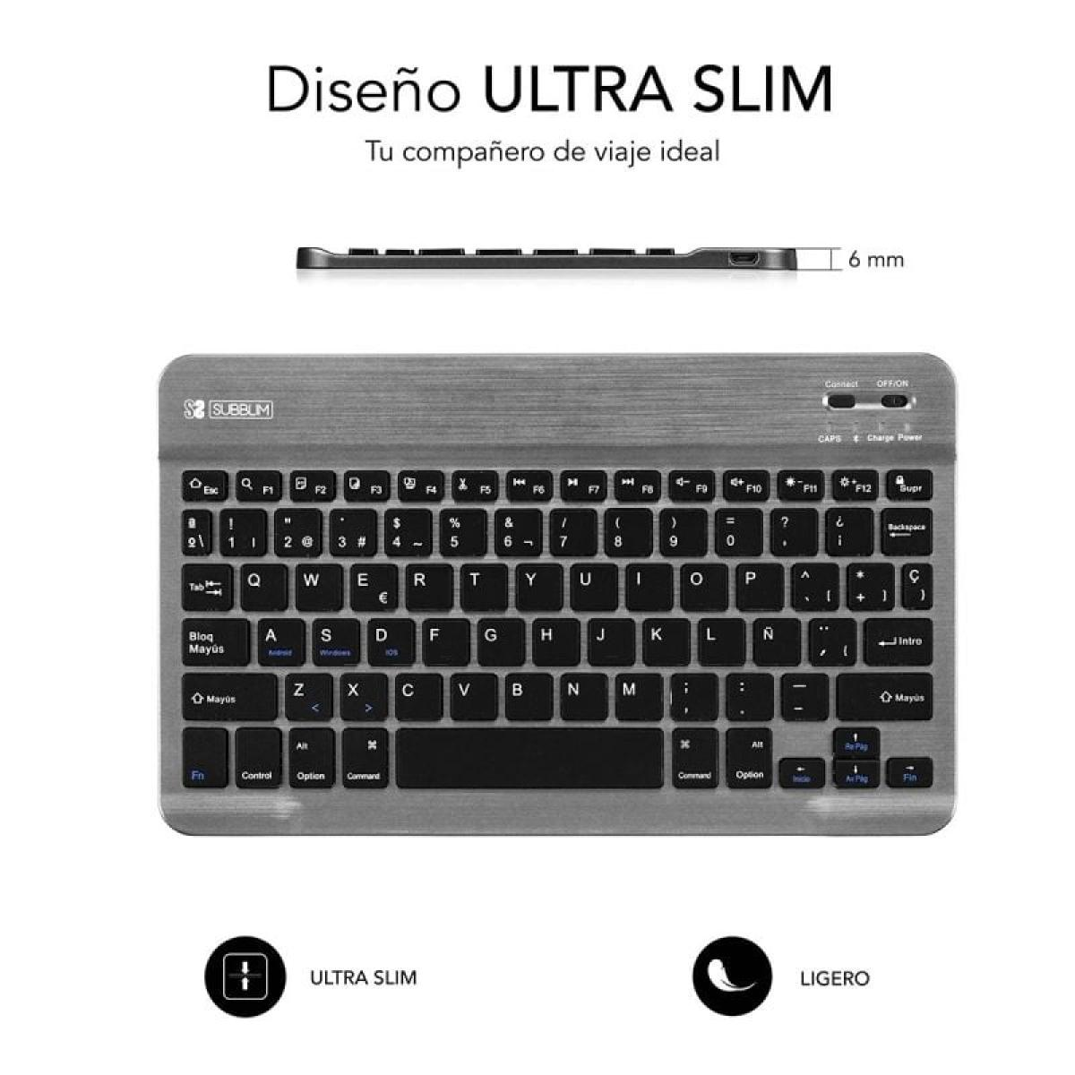 Teclado Ultra Slim plateado con teclas y símbolos, teclas negras y la marca SUBBLIM visible.