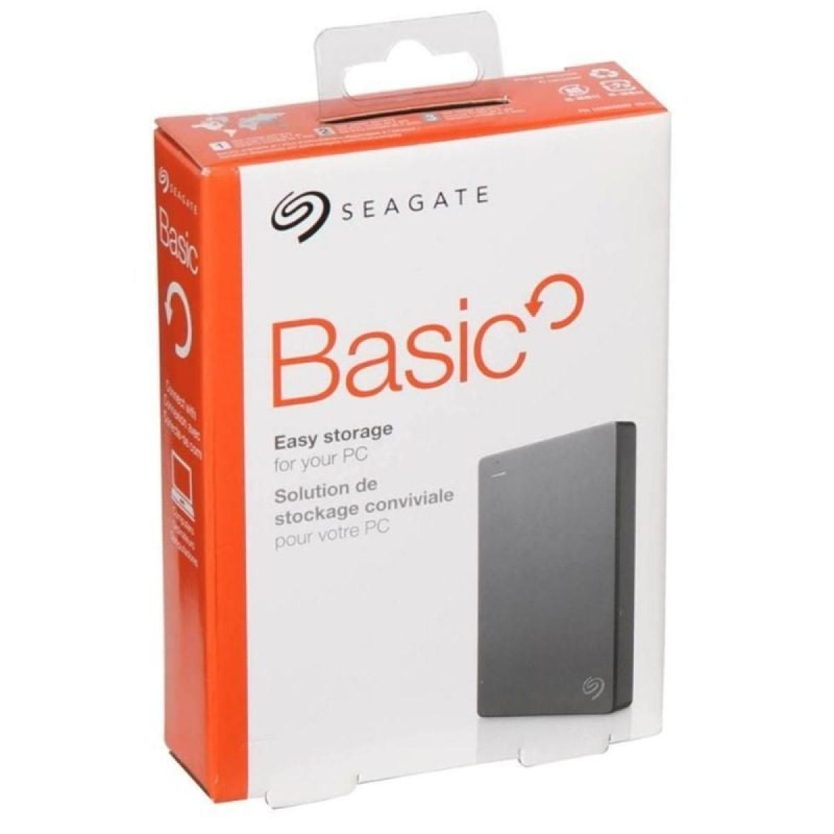 Pudełko dysku twardego zewnętrznego Seagate Basic, czerwono-białe z czarnym obrazem dysku.