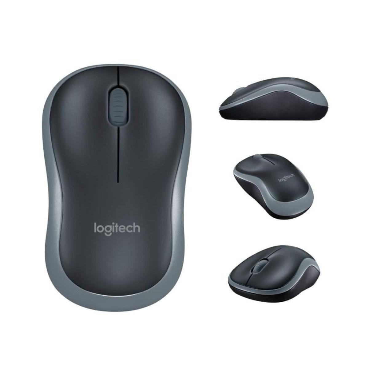 Szara mysz Logitech z kółkiem przewijania, prezentowana z różnych perspektyw. Ma szarą obwódkę.