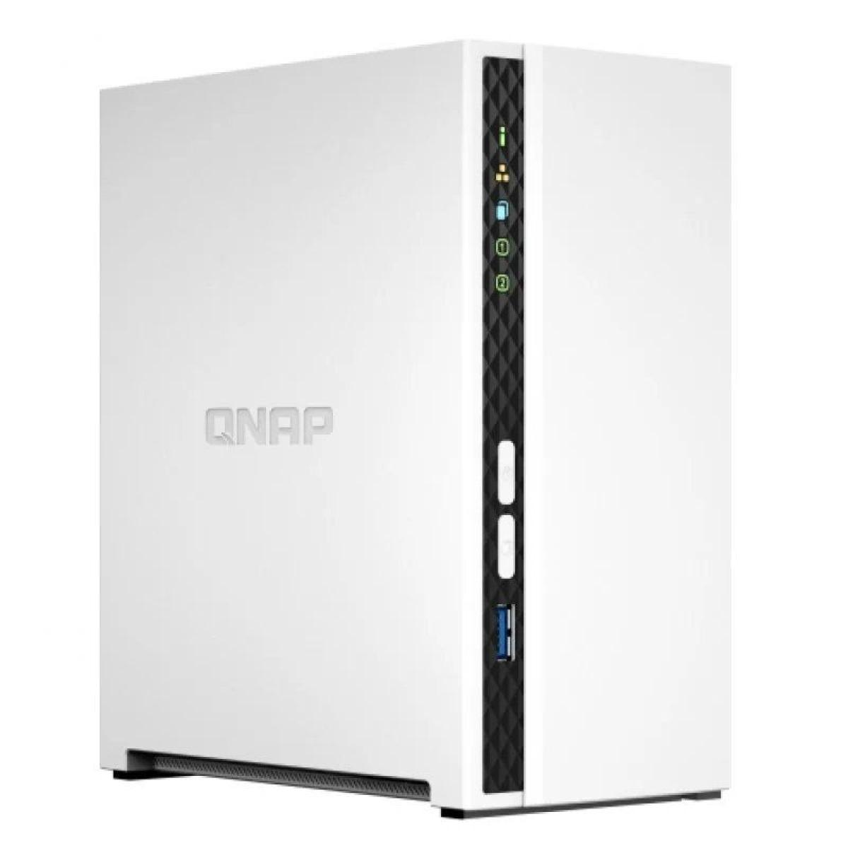 Weißer QNAP NAS-Server mit schwarzen Akzenten. Das Logo befindet sich auf der Vorderseite.