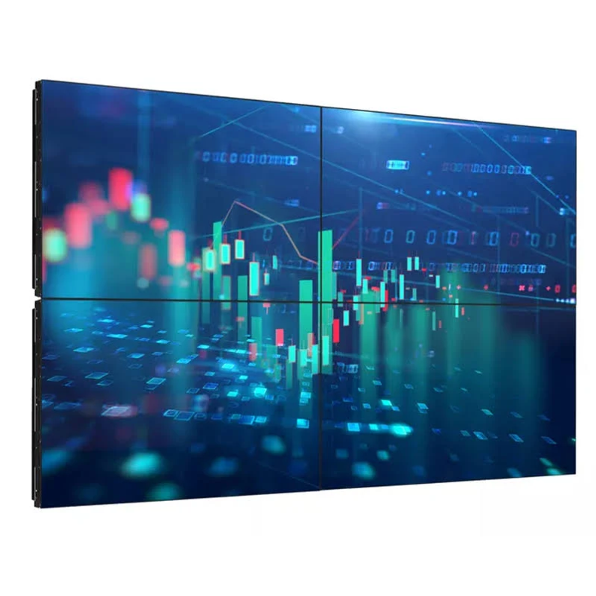 Ein Multi-Screen-Display mit Börsendaten. Grüne und rote Diagramme und Grafiken sind sichtbar.