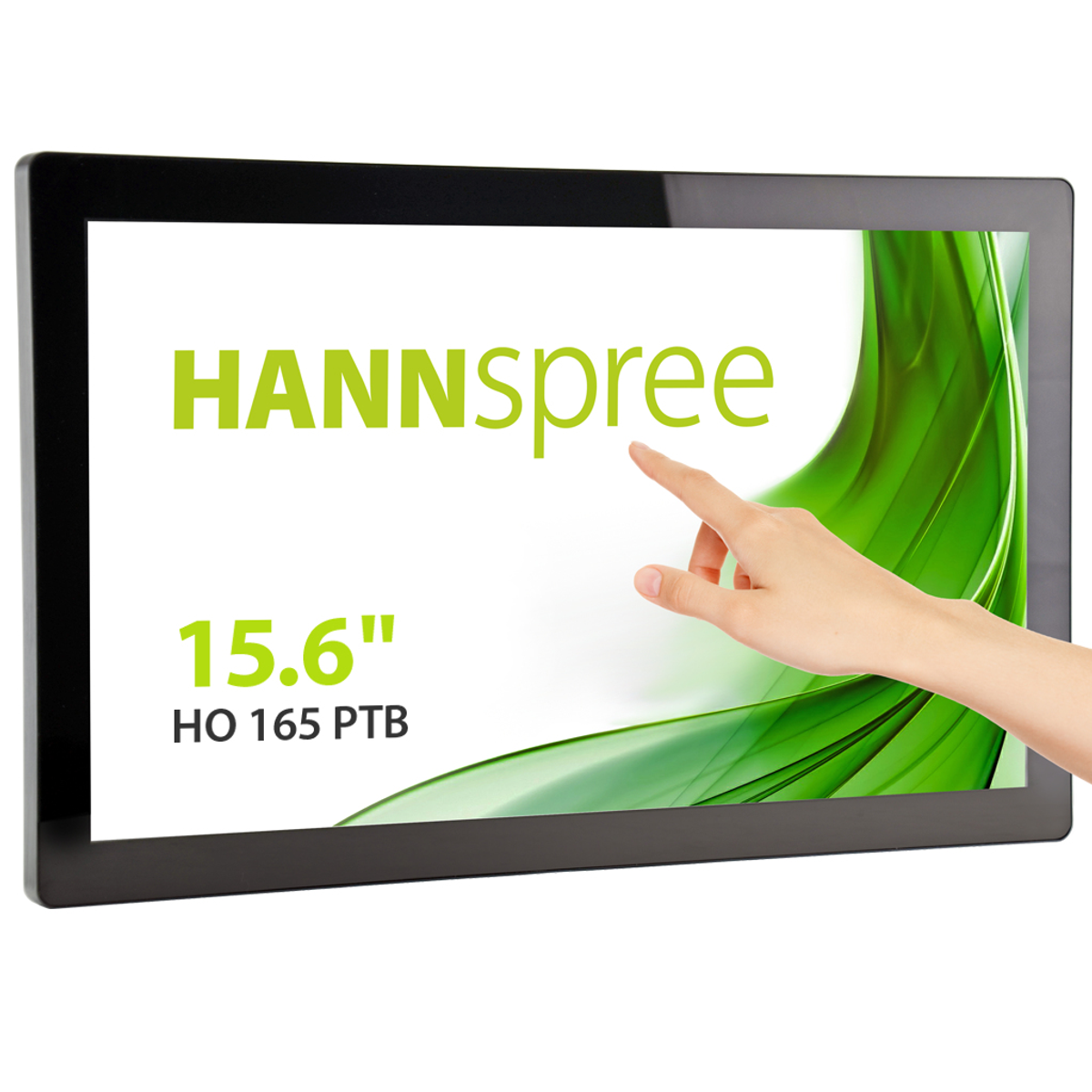 Monitor Hannspree de 15,6" negro con una mano tocando la pantalla.