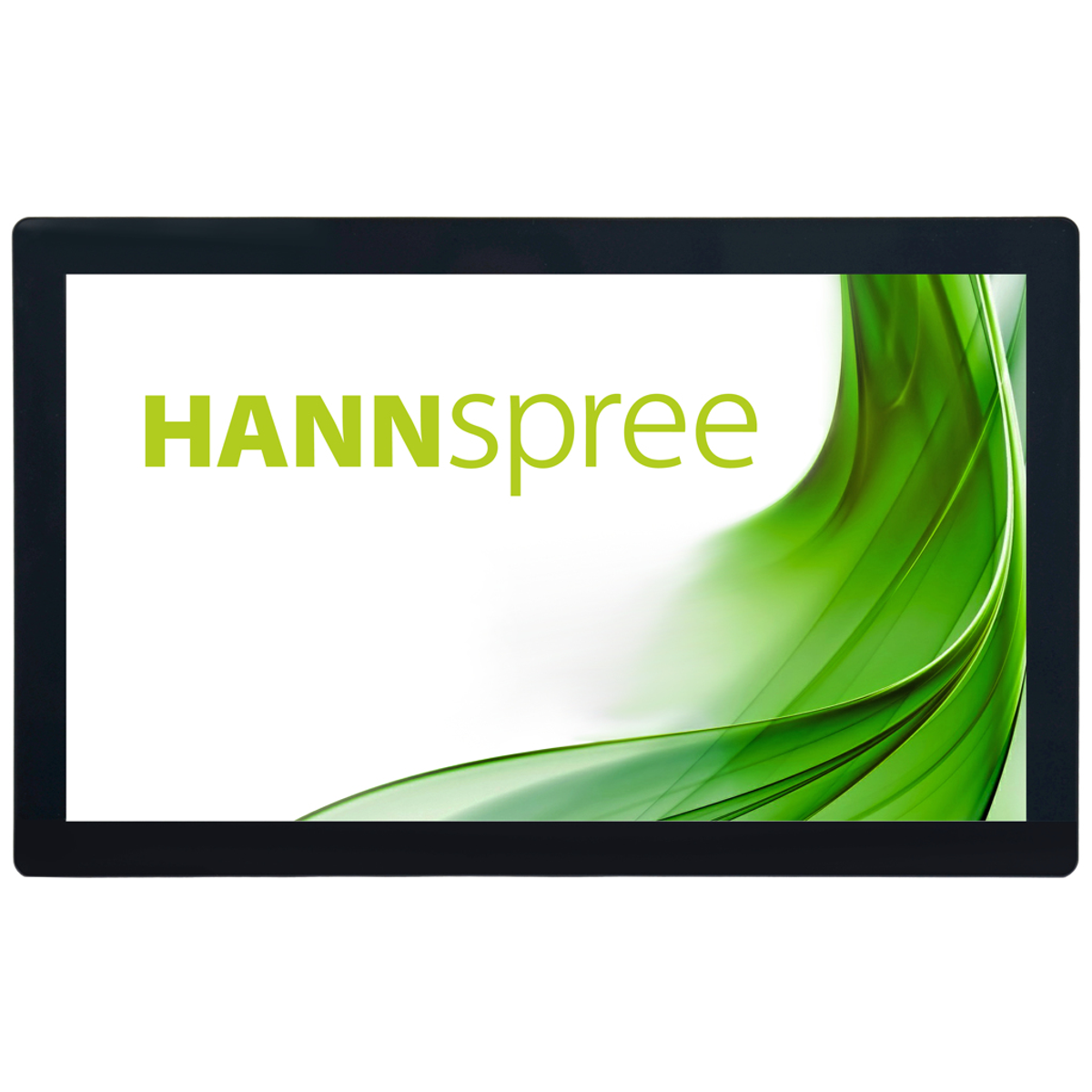 Czarny monitor z zielonym tekstem: HANNSspree. Białe i zielone tło.