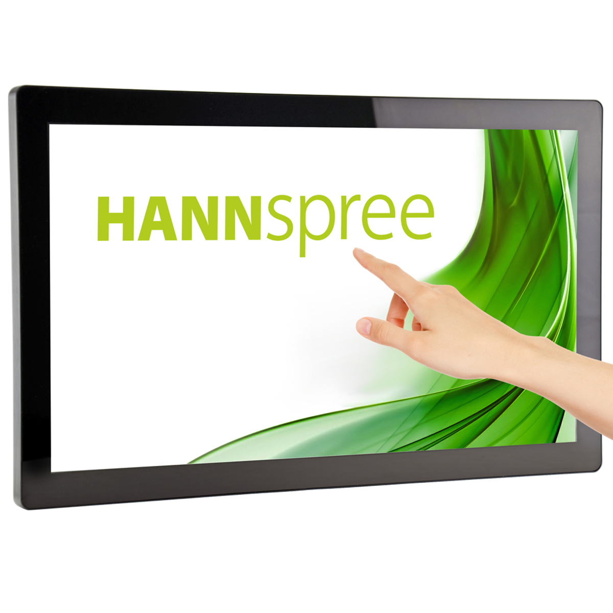 Palec osoby dotykający ekranu wyświetlającego słowo 'HANNspree' w kolorze zielonym.