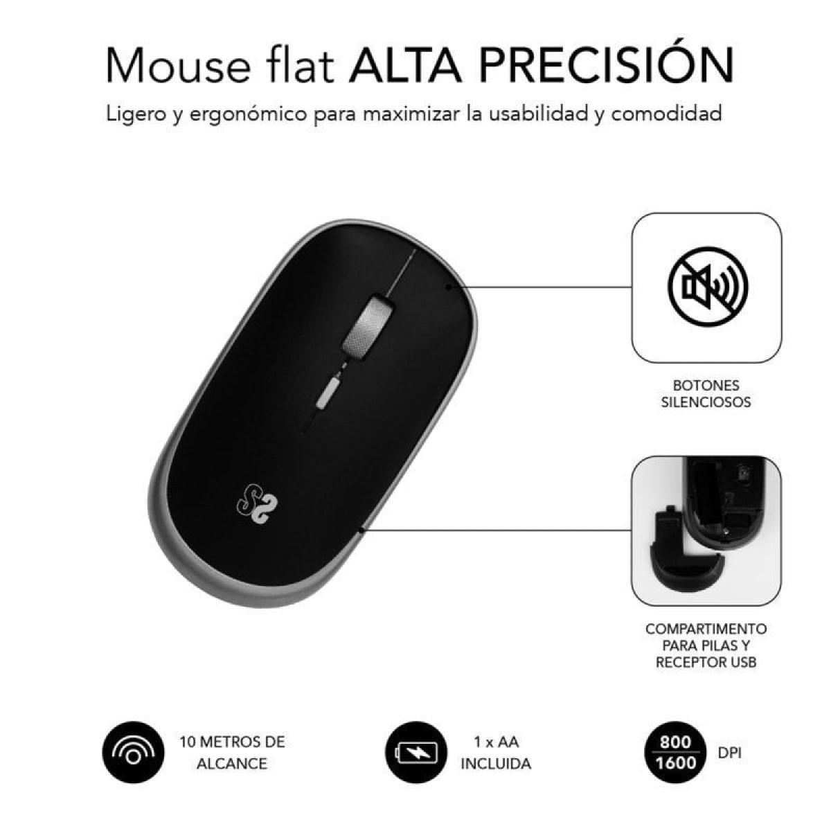 Un ratón inalámbrico negro con botones y un compartimento para el receptor.