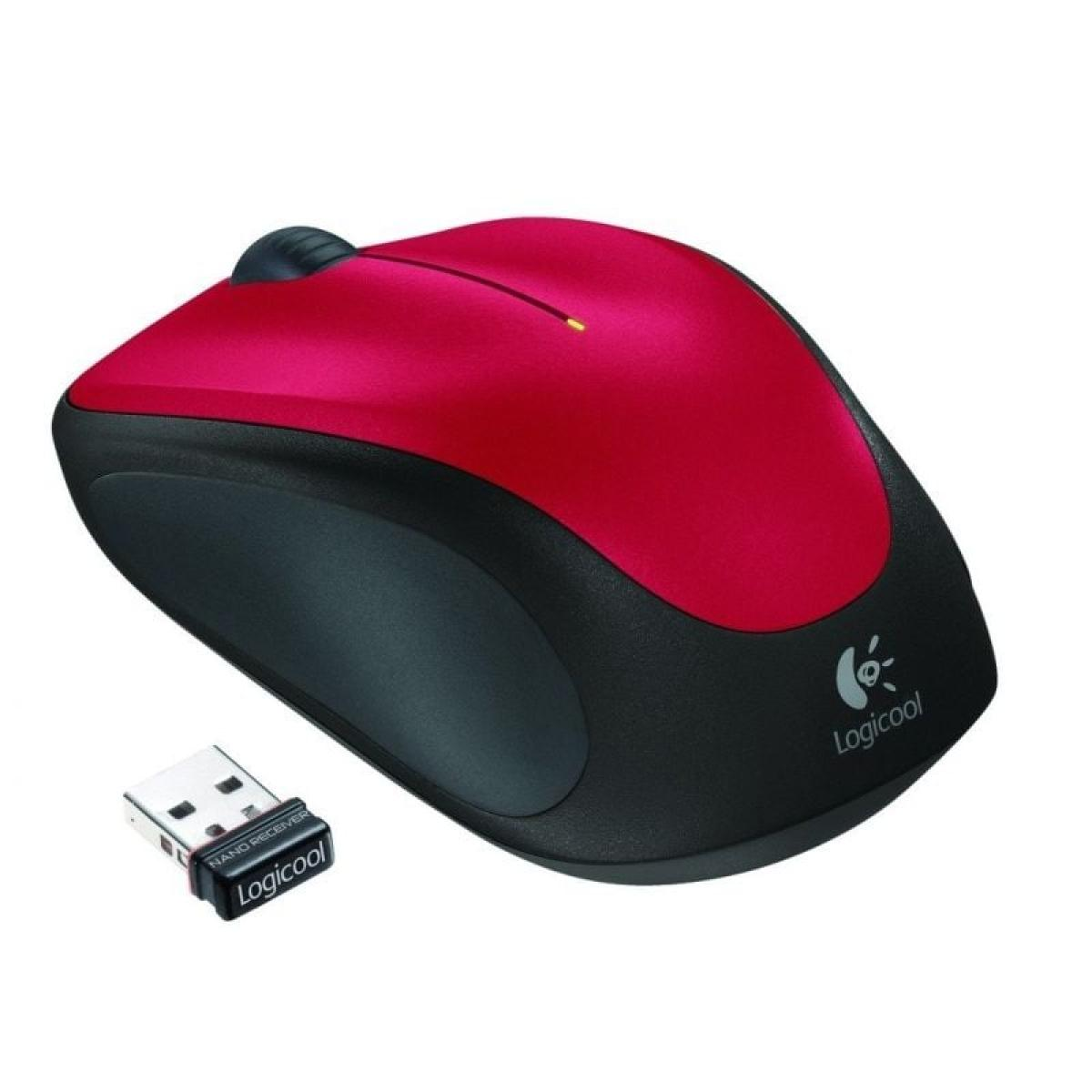 Souris d'ordinateur sans fil, dessus rouge, base noire, avec récepteur USB.