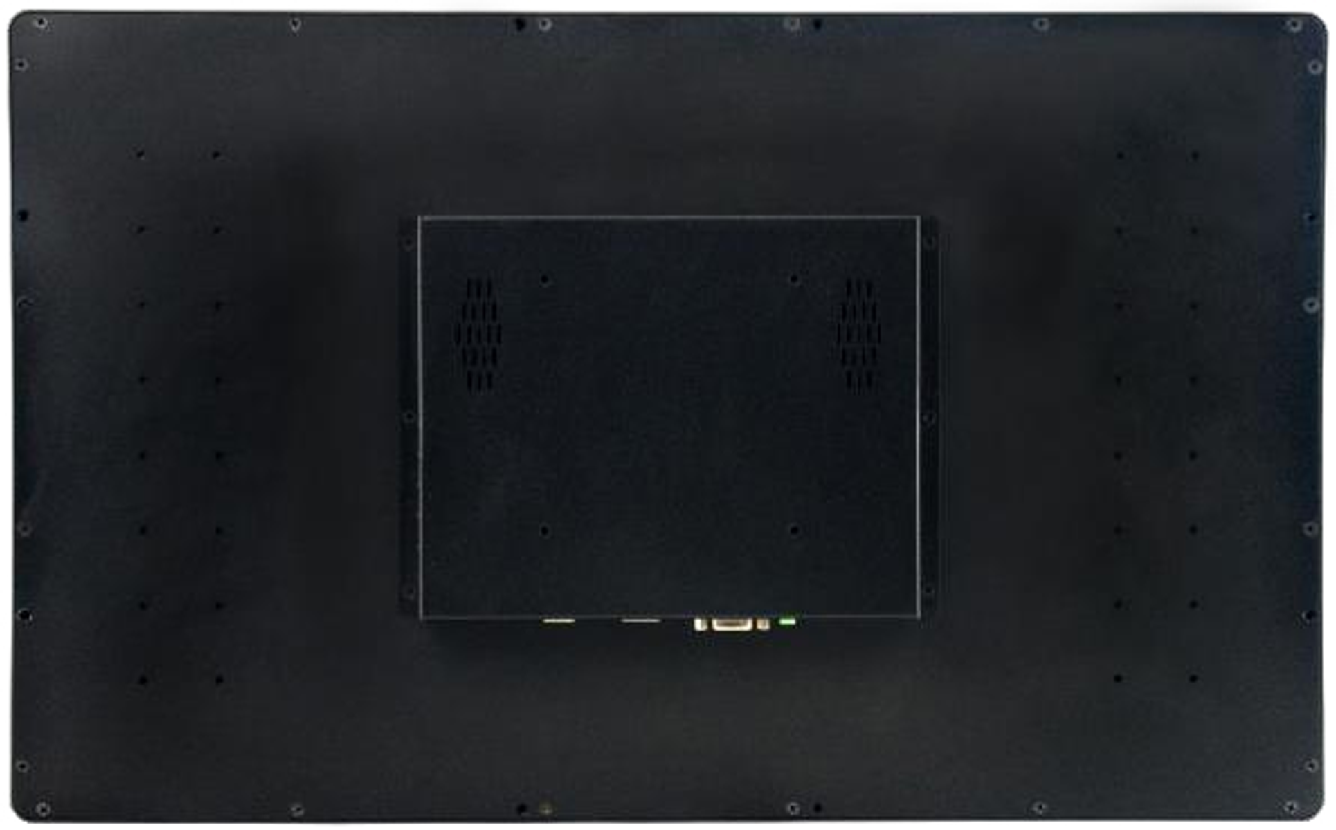 Rückseite eines schwarzen Monitors. In der Mitte befindet sich eine schwarze Box.