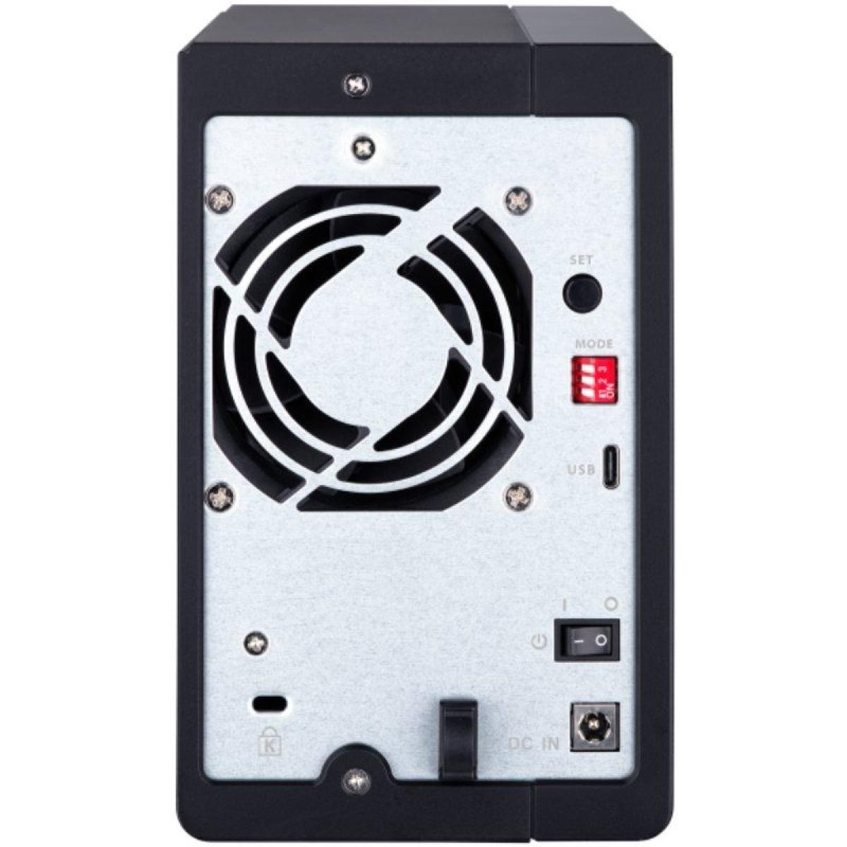 Rückansicht eines schwarzen NAS-Geräts mit Lüfter, USB-Anschluss, Ein-/Ausschalter und DC-Eingang.
