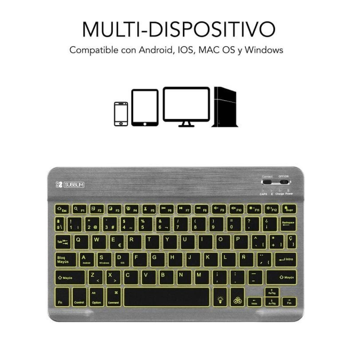 Teclado plateado con teclas retroiluminadas amarillas, compatible con múltiples dispositivos.