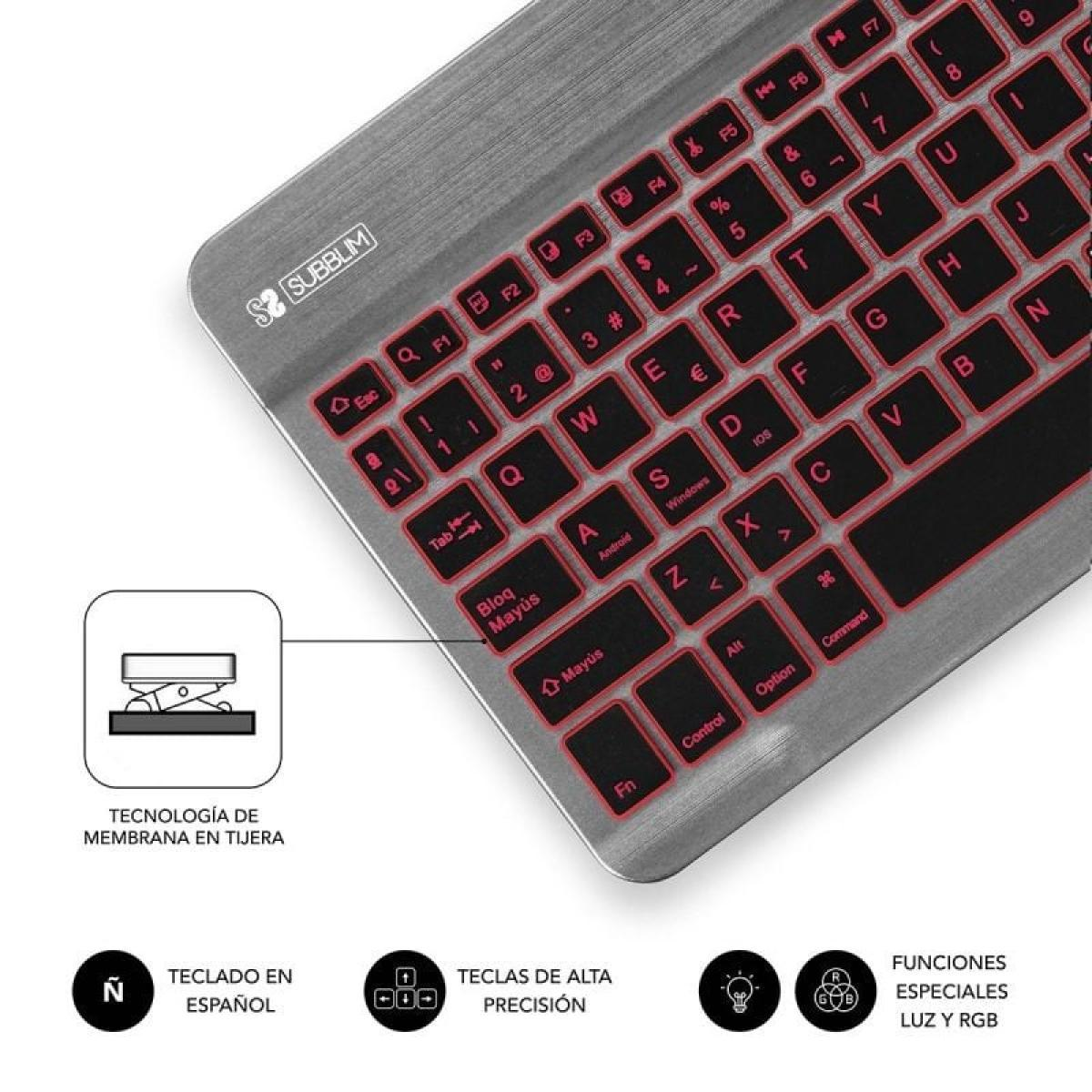 Teclado gris con teclas rojas. Hay texto en español e iconos.