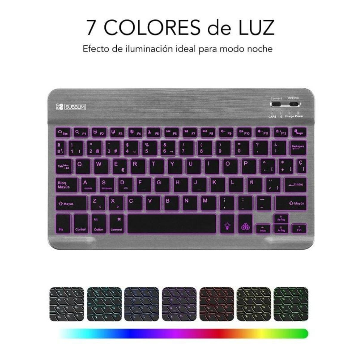 Teclado inalámbrico con múltiples opciones de color para las teclas, mostrado desde arriba.