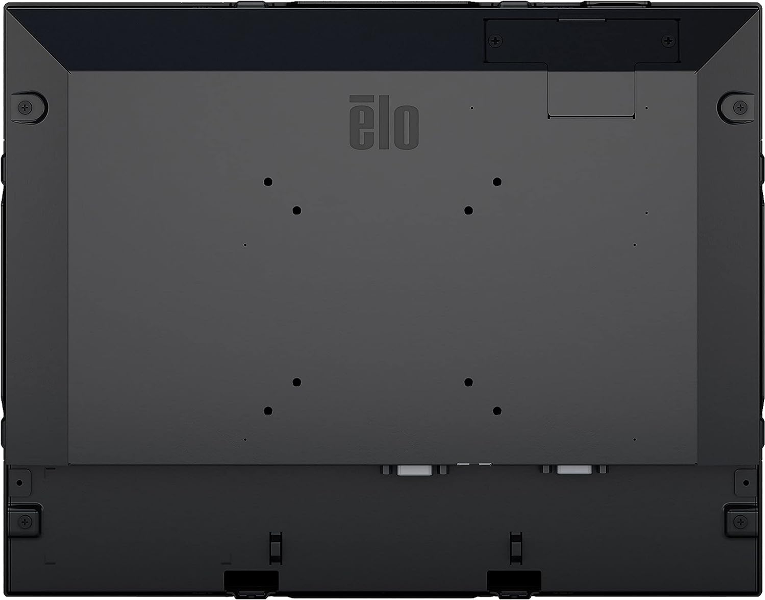 Rückansicht eines schwarzen Monitors mit Elo-Logo und Befestigungslöchern.