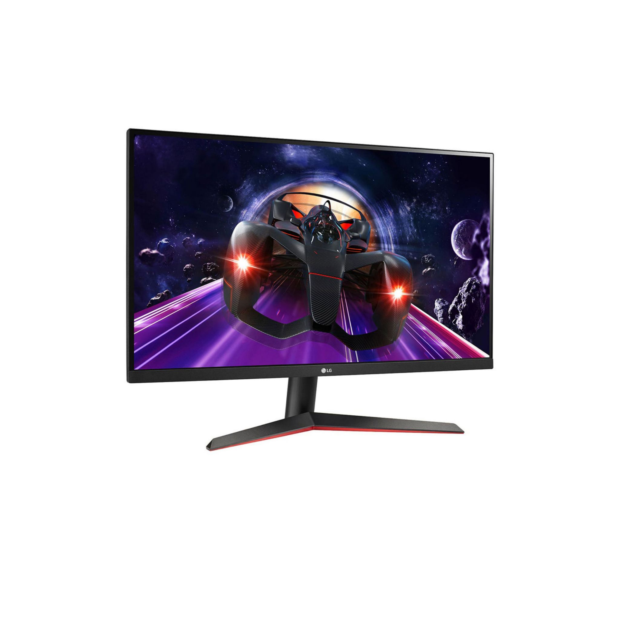 Monitor nero che mostra una scena di un videogioco. Il monitor ha un supporto nero.